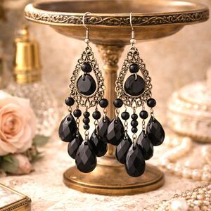 Gunmetal Silver Filigree and Black Bead Chandelier Earrings